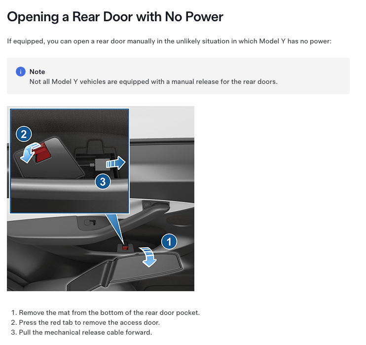 Owner's manual showing how to open rear doors in Model Y